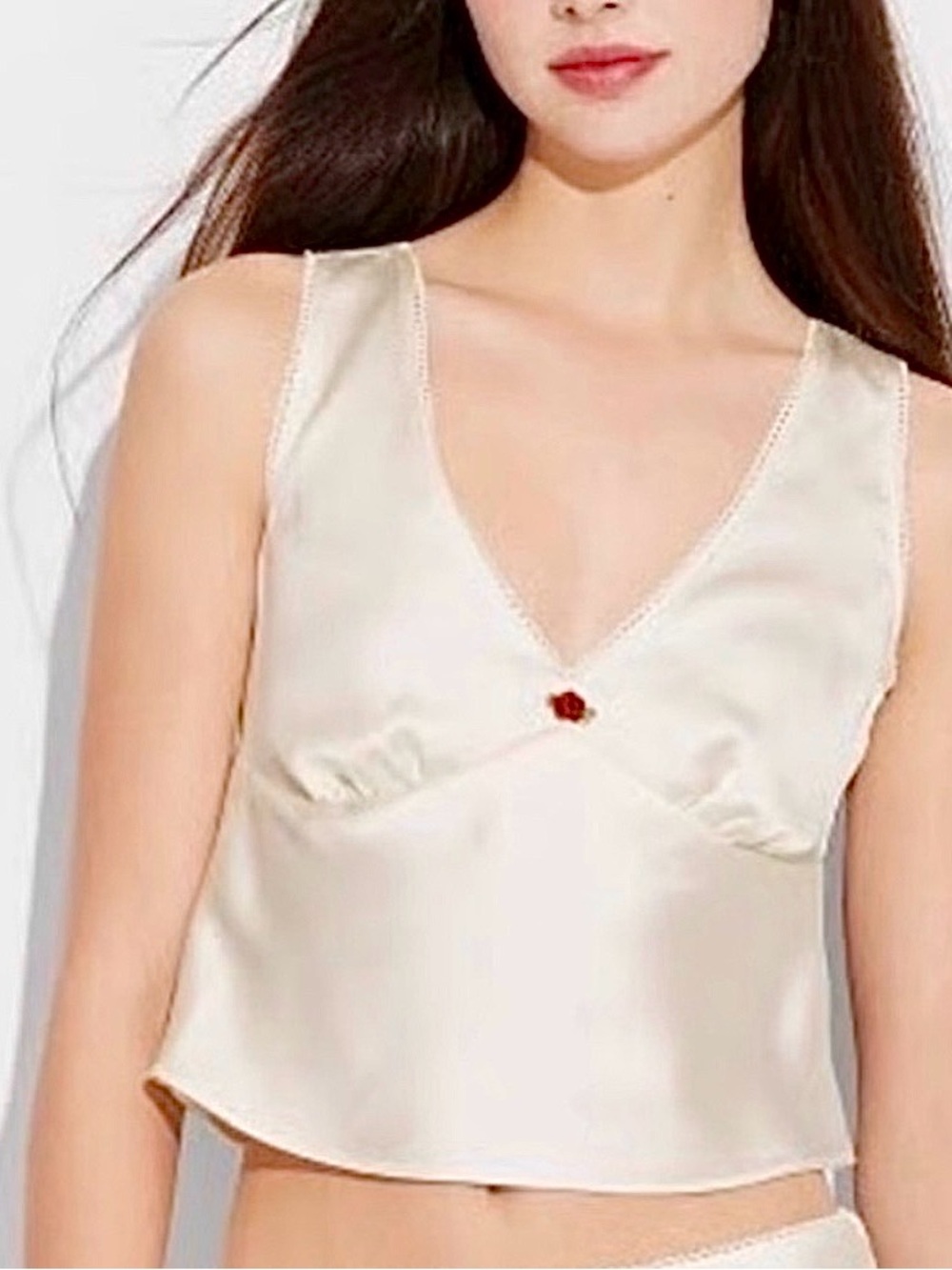 Wild Fable Ivory Satin V-Neck Blouse with Rose Accent